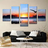 Lake Sunset With Bird Silhouettes Blue Sky Trees Reflection 5 Piece Canvas Wall Art Painting Wallpaper Poster Picture Print Photo Decor