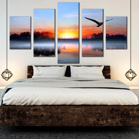 Lake Sunset With Bird Silhouettes Blue Sky Trees Reflection 5 Piece Canvas Wall Art Painting Wallpaper Poster Picture Print Photo Decor