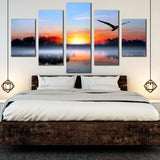 Lake Sunset With Bird Silhouettes Blue Sky Trees Reflection 5 Piece Canvas Wall Art Painting Wallpaper Poster Picture Print Photo Decor