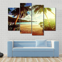 Sunny Tropical Beach Palm Trees Golden Sand Ocean View 4 Piece Canvas Wall Art Painting Wallpaper Poster Picture Print Photo Decor