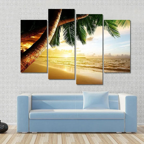 Caribbean Beach Sunrise Palm Trees Golden Ocean View 4 Piece Canvas Wall Art Painting Wallpaper Poster Picture Print Photo Decor