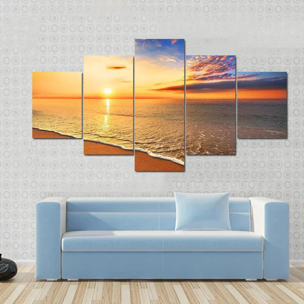 Beach Sunrise Golden Sky Ocean Waves Scenic View 5 Piece Canvas Wall A ...