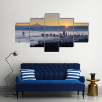 Portland Oregon Skyline At Sunrise Foggy Cityscape 5 Piece Canvas Wall Art Painting Wallpaper Poster Picture Print Photo Decor