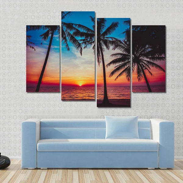 Tropical Beach Sunset Palm Trees Vibrant Ocean View 4 Piece Canvas Wall Art Painting Wallpaper Poster Picture Print Photo Decor