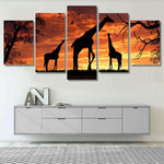 Sunset Giraffes Wildlife Silhouette Animal 5 Piece Canvas Wall Art Painting Wallpaper Poster Picture Print Photo Decor