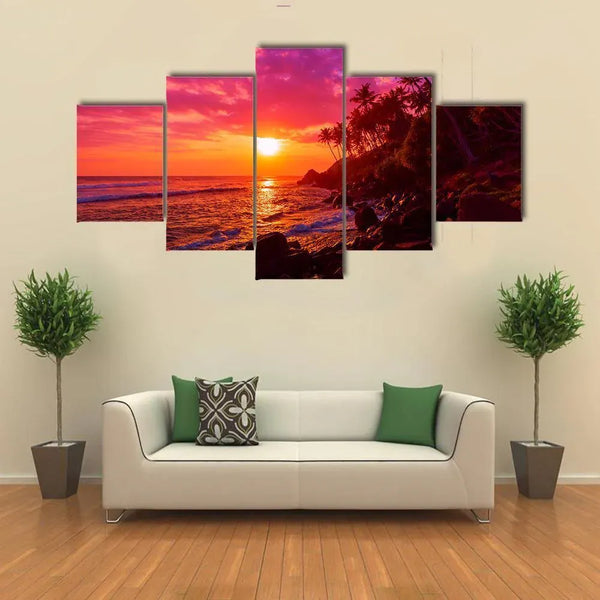 Palm Trees Tropical Sunset Beach Vibrant Sky Ocean View 5 Piece Canvas Wall Art Painting Wallpaper Poster Picture Print Photo Decor