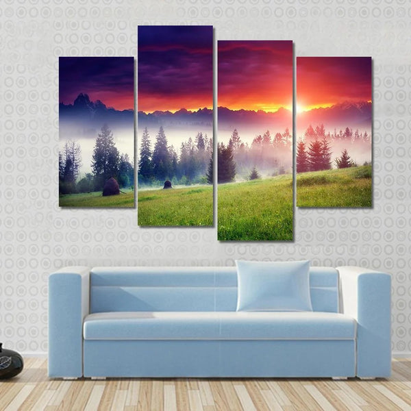 Hilly Landscape Sunset Forest And Mountains 4 Piece Canvas Wall Art Painting Wallpaper Poster Picture Print Photo Decor