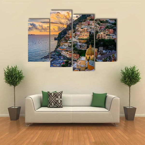 Positano Sunset At Amalfi Coast Sea View Italian 4 Piece Canvas Wall Art Painting Wallpaper Poster Picture Print Photo Decor