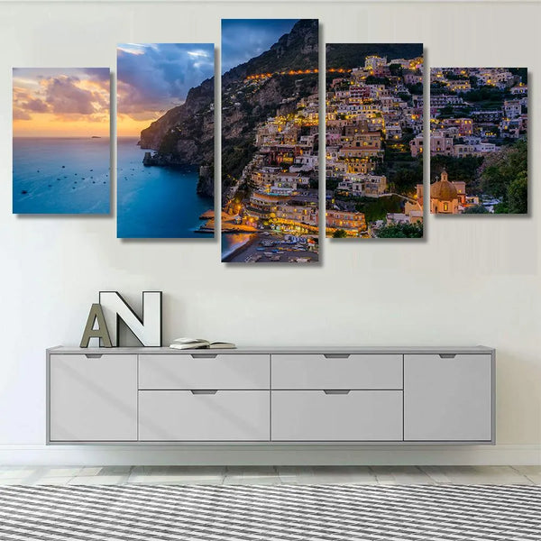 Italian Amalfi Coast Sunset Over Positano Italy Nature 5 Piece Canvas Wall Art Painting Wallpaper Poster Picture Print Photo Decor