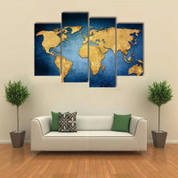 Textured Gold World Map On Blue 4 Piece Canvas Wall Art Painting Wallpaper Poster Picture Print Photo Decor