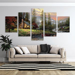 Fishing Cabin Forest Lake Mountain Landscape 5 Piece Canvas Wall Art Painting Wallpaper Poster Picture Print Photo Decor