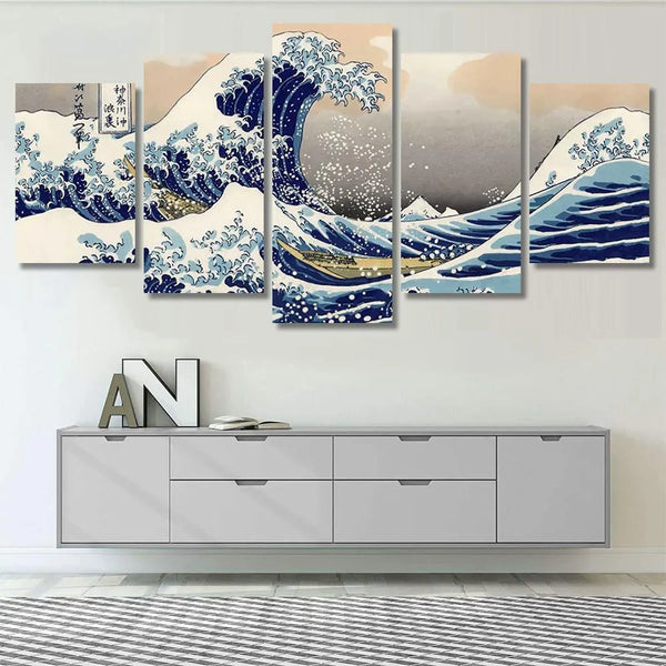 Great Wave Off Kanagawa Japanese Abstract 5 Piece Canvas Wall Art Painting Wallpaper Poster Picture Print Photo Decor