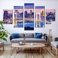 Tokyo Skyline With Gold Rainbow Bridge At Twilight 5 Piece Canvas Wall Art Painting Wallpaper Poster Picture Print Photo Decor