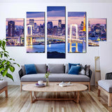 Tokyo Skyline With Gold Rainbow Bridge At Twilight 5 Piece Canvas Wall Art Painting Wallpaper Poster Picture Print Photo Decor