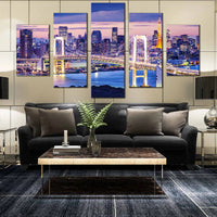 Tokyo Skyline With Gold Rainbow Bridge At Twilight 5 Piece Canvas Wall Art Painting Wallpaper Poster Picture Print Photo Decor