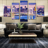 Tokyo Skyline With Gold Rainbow Bridge At Twilight 5 Piece Canvas Wall Art Painting Wallpaper Poster Picture Print Photo Decor
