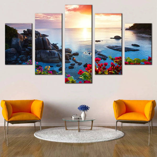 Tropical Sunset Koh Samui Thailand Tranquil Beach 5 Piece Canvas Wall Art Painting Wallpaper Poster Picture Print Photo Decor