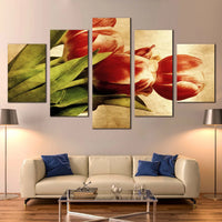 Beautiful Vintage Red Tulip Flowers 5 Piece Canvas Wall Art Painting Wallpaper Poster Picture Print Photo Decor