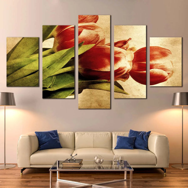 Beautiful Vintage Red Tulip Flowers 5 Piece Canvas Wall Art Painting Wallpaper Poster Picture Print Photo Decor