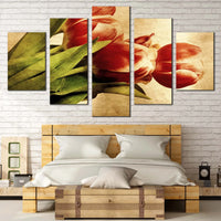 Beautiful Vintage Red Tulip Flowers 5 Piece Canvas Wall Art Painting Wallpaper Poster Picture Print Photo Decor