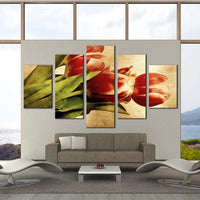 Beautiful Vintage Red Tulip Flowers 5 Piece Canvas Wall Art Painting Wallpaper Poster Picture Print Photo Decor
