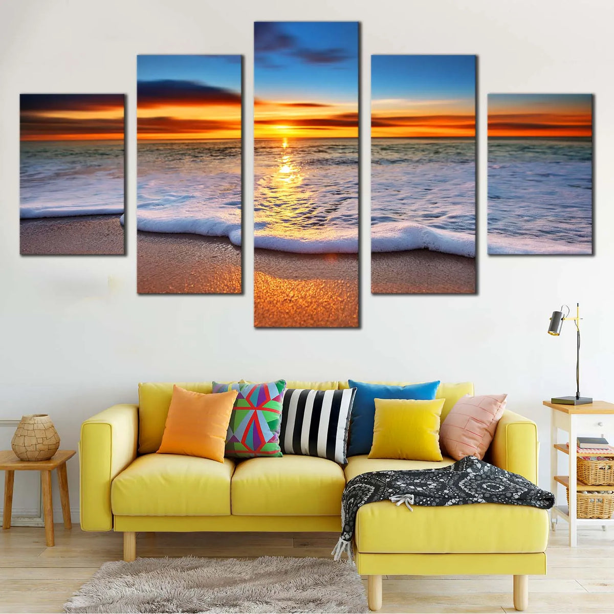 Nature Sunset Beach Waves Twilight Ocean 5 Piece Canvas Wall Art Paint ...