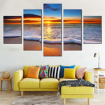 Nature Sunset Beach Waves Twilight Ocean 5 Piece Canvas Wall Art Painting Wallpaper Poster Picture Print Photo Decor