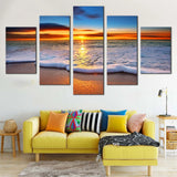 Nature Sunset Beach Waves Twilight Ocean 5 Piece Canvas Wall Art Painting Wallpaper Poster Picture Print Photo Decor