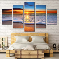 Nature Sunset Beach Waves Twilight Ocean 5 Piece Canvas Wall Art Painting Wallpaper Poster Picture Print Photo Decor