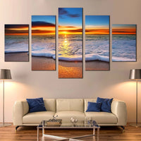 Nature Sunset Beach Waves Twilight Ocean 5 Piece Canvas Wall Art Painting Wallpaper Poster Picture Print Photo Decor