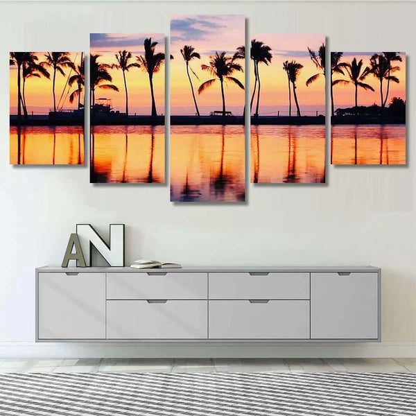 Tropical Sunset With Palm Trees Nature Sky View 5 Piece Canvas Wall Art Painting Wallpaper Poster Picture Print Photo Decor