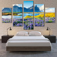 Vibrant Lupin Flowers And Vestrahorn Mountain 5 Piece Canvas Wall Art Painting Wallpaper Poster Picture Print Photo Decor