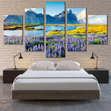 Vibrant Lupin Flowers And Vestrahorn Mountain 5 Piece Canvas Wall Art Painting Wallpaper Poster Picture Print Photo Decor