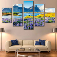 Vibrant Lupin Flowers And Vestrahorn Mountain 5 Piece Canvas Wall Art Painting Wallpaper Poster Picture Print Photo Decor