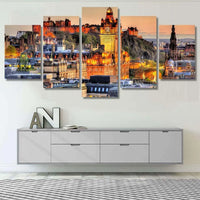 Edinburgh Castle And Calton Hill View Landscape 5 Piece Canvas Wall Art Painting Wallpaper Poster Picture Print Photo Decor