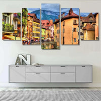 Annecy Old Town France Landscape Mountain 5 Piece Canvas Wall Art Painting Wallpaper Poster Picture Print Photo Decor