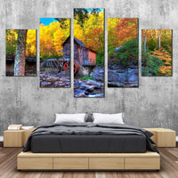 Rustic Grist Mill In Autumn Forest Trees Landscape 5 Piece Canvas Wall Art Painting Wallpaper Poster Picture Print Photo Decor