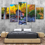 Rustic Grist Mill In Autumn Forest Trees Landscape 5 Piece Canvas Wall Art Painting Wallpaper Poster Picture Print Photo Decor