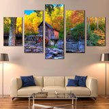 Rustic Grist Mill In Autumn Forest Trees Landscape 5 Piece Canvas Wall Art Painting Wallpaper Poster Picture Print Photo Decor