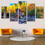 Rustic Grist Mill In Autumn Forest Trees Landscape 5 Piece Canvas Wall Art Painting Wallpaper Poster Picture Print Photo Decor