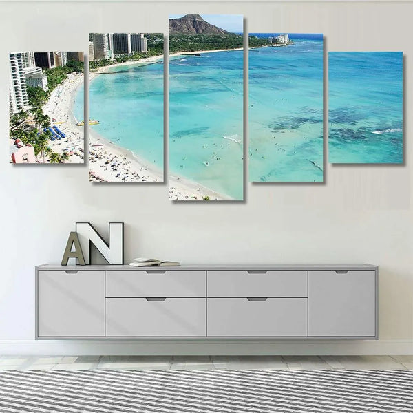 Diamond Head Hawaii And Waikiki Beach View 5 Piece Canvas Wall Art Painting Wallpaper Poster Picture Print Photo Decor