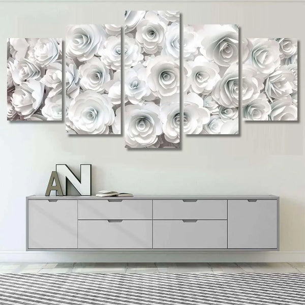 Elegant White Rose Petals Romantic Floral Flower 5 Piece Canvas Wall Art Painting Wallpaper Poster Picture Print Photo Decor