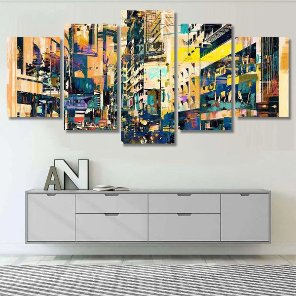 Watercolor City Abstract Skyline Cityscape 5 Piece Canvas Wall Art Painting Wallpaper Poster Picture Print Photo Decor