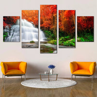 Autumn Waterfall Forest Scene Orange Trees 5 Piece Canvas Wall Art Painting Wallpaper Poster Picture Print Photo Decor