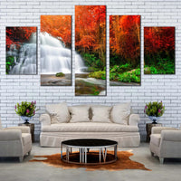 Autumn Waterfall Forest Scene Orange Trees 5 Piece Canvas Wall Art Painting Wallpaper Poster Picture Print Photo Decor