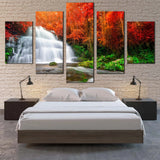 Autumn Waterfall Forest Scene Orange Trees 5 Piece Canvas Wall Art Painting Wallpaper Poster Picture Print Photo Decor