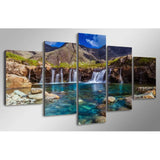Crystal Clear Waterfall And Mountain Landscape 5 Piece Canvas Wall Art Painting Wallpaper Poster Picture Print Photo Decor