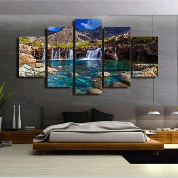 Crystal Clear Waterfall And Mountain Landscape 5 Piece Canvas Wall Art Painting Wallpaper Poster Picture Print Photo Decor