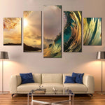 Golden Sunset Wave Break Green Ocean Beach 5 Piece Canvas Wall Art Painting Wallpaper Poster Picture Print Photo Decor