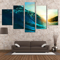 Blue Surfing Ocean Wave And Sunset Scene 5 Piece Canvas Wall Art Painting Wallpaper Poster Picture Print Photo Decor